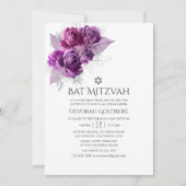 Plum en Navy Waterverf Bloemenvleermuis Mitzvah Kaart (Voorkant)