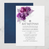 Plum en Navy Waterverf Bloemenvleermuis Mitzvah Kaart (Voorkant / Achterkant)