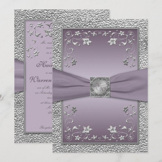 Plum en Pewter Floral Monogrammed Uitnodiging (Voorkant / Achterkant)