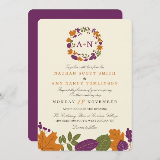 Plum en Pumpkin Herfst krans bruiloft uitnodiginge Kaart (Voorkant / Achterkant)