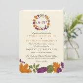 Plum en Pumpkin Herfst krans bruiloft uitnodiginge Kaart (Staand voorkant)