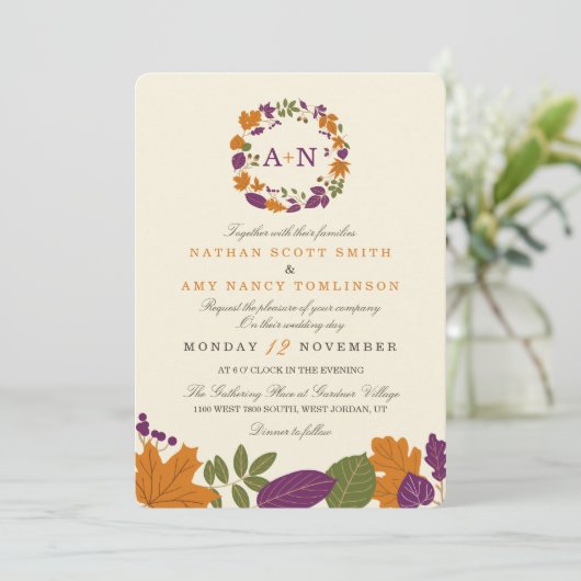 Plum en Pumpkin Herfst krans bruiloft uitnodiginge Kaart (Staand voorkant)