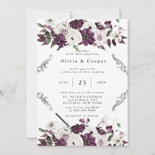 Plum en Silver Geometric Floral Wedding Kaart (Voorkant)