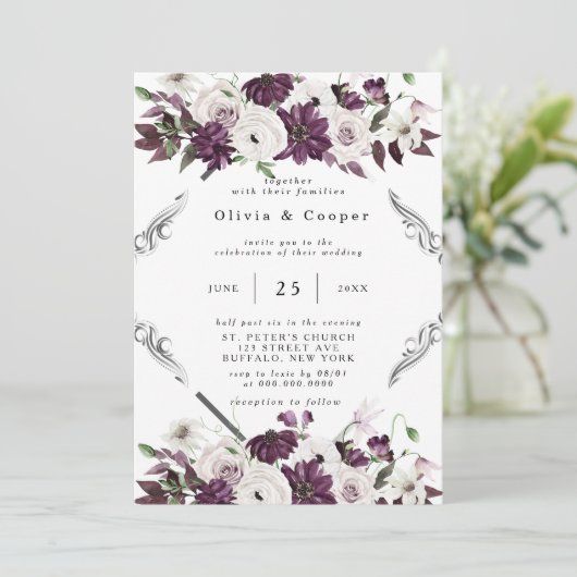 Plum en Silver Geometric Floral Wedding Kaart (Staand voorkant)