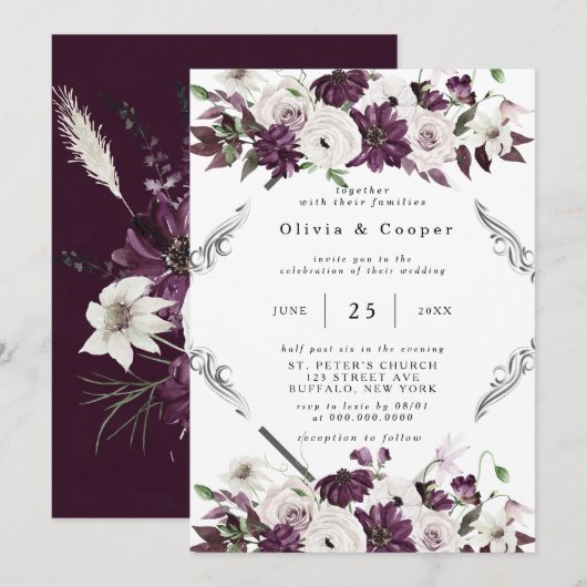 Plum en Silver Geometric Floral Wedding Kaart (Voorkant / Achterkant)