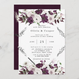 Plum en Silver Geometric Floral Wedding Kaart