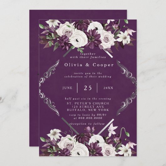 Plum en Silver Geometric Floral Wedding Kaart (Voorkant / Achterkant)