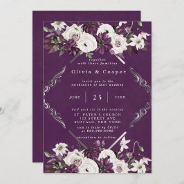 Plum en Silver Geometric Floral Wedding Kaart