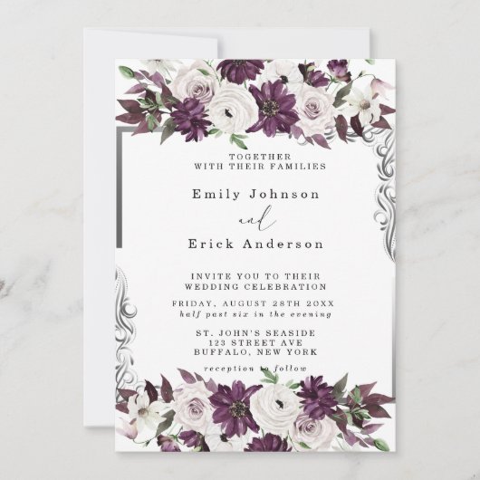 Plum en Silver Geometric Floral Wedding Kaart (Voorkant)