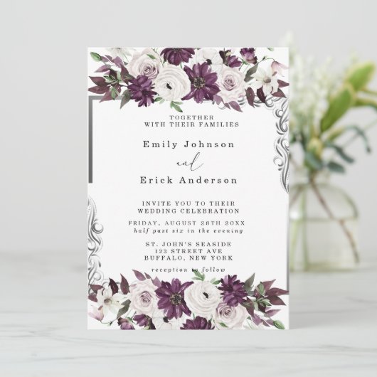 Plum en Silver Geometric Floral Wedding Kaart (Staand voorkant)