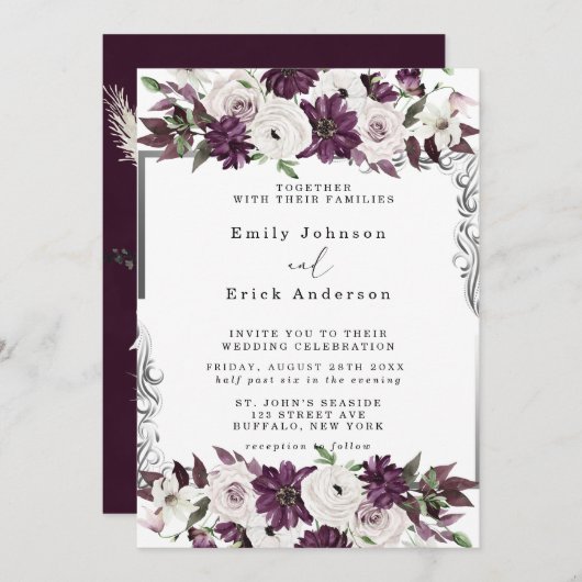 Plum en Silver Geometric Floral Wedding Kaart (Voorkant / Achterkant)