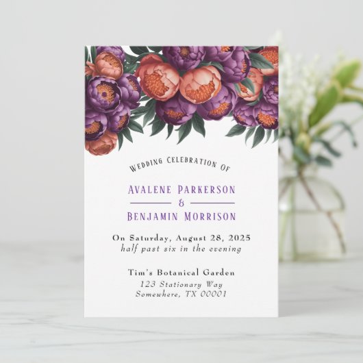 Plum en Sinaasappel Paint Peony bruiloft Kaart (Staand voorkant)