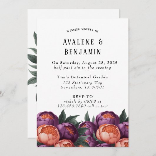 Plum en Sinaasappel Painted Peony Trouwdouche Kaart (Voorkant / Achterkant)