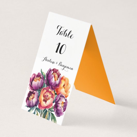 Plum en Sinaasappel Peony Bouquet Trouwtafel Numme Kaart (Voorkant)