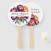 Plum en Sinaasappel Waterverf Peony Bouquet bruilo Handwaaier (Voorkant en achterkant)