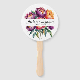 Plum en Sinaasappel Waterverf Peony Bouquet bruilo Handwaaier