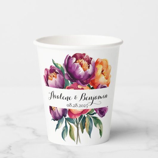 Plum en Sinaasappel Waterverf Peony Bouquet bruilo Papieren Bekers (Voorkant)