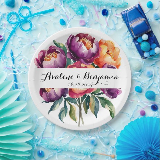 Plum en Sinaasappel Waterverf Peony Bouquet bruilo Papieren Bordje (Feest)