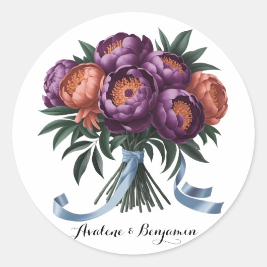Plum en Sinaasappel Waterverf Peony Bouquet bruilo Ronde Sticker (Voorkant)
