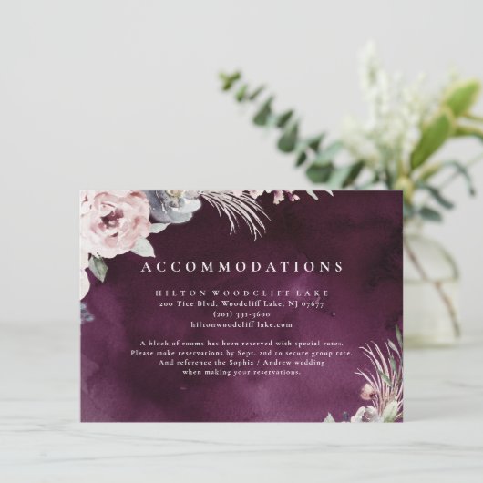 Plum en stoffige roze boho bloemenaccommodaties informatiekaartje (Staand voorkant)
