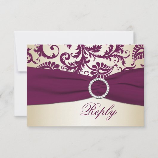 Plum en Taupe Damask met PRINTED Ribbon RSVP (Voorkant)