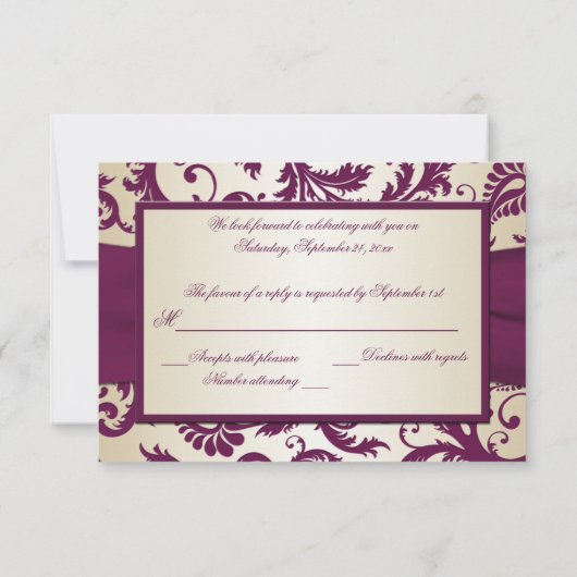 Plum en Taupe Damask met PRINTED Ribbon RSVP (Achterkant)