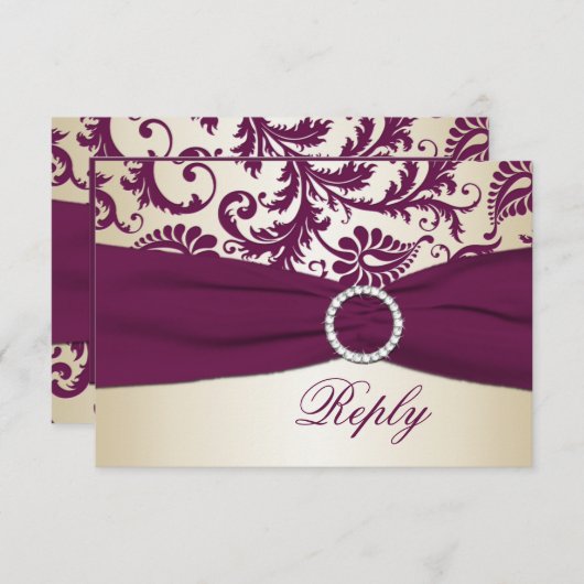 Plum en Taupe Damask met PRINTED Ribbon RSVP (Voorkant / Achterkant)