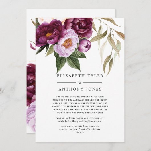 Plum en Violet Floral Wedding Verminderde gastenli Aankondiging (Voorkant / Achterkant)