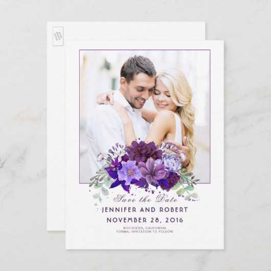 Plum en Violet Paarse Bloemen Bewaar de Datum Aankondigingskaart (Voorkant / Achterkant)