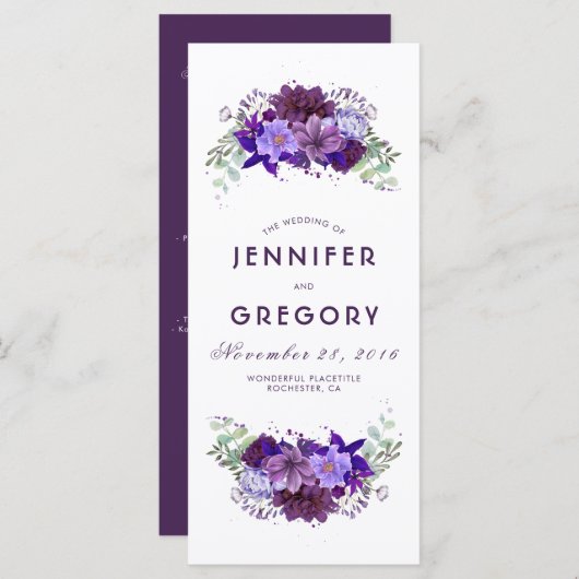 Plum en Violet Paarse Bloemen Trouwprogramma's Programmakaart (Voorkant / Achterkant)