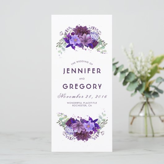 Plum en Violet Paarse Bloemen Trouwprogramma's Programmakaart (Staand voorkant)
