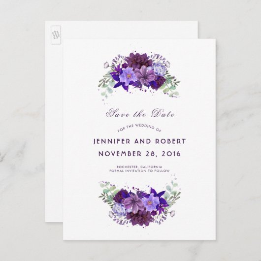 Plum en Violet Paarse Krans Bewaar de Datum Aankondigingskaart (Voorkant / Achterkant)
