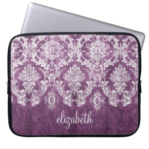 Plum en White Grunge Damask Patroon met Naam Laptop Sleeve