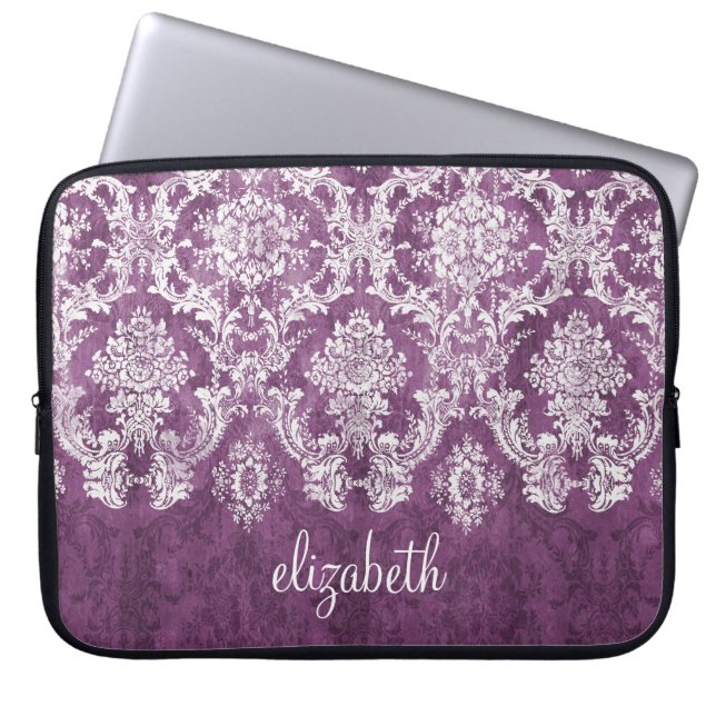 Plum en White Grunge Damask Patroon met Naam Laptop Sleeve (Voorkant)