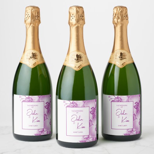 Plum en witte orchideeën bruiloft sparkling wijnetiket (Flessen)