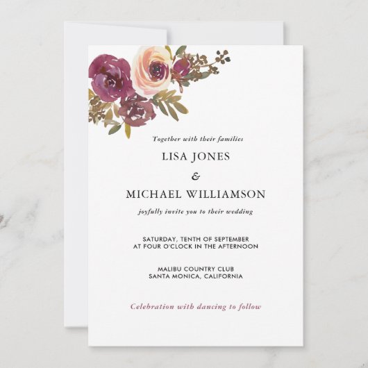 Plum en Yellow Rose Waterverf huwelijksuitnodiging Kaart (Voorkant)