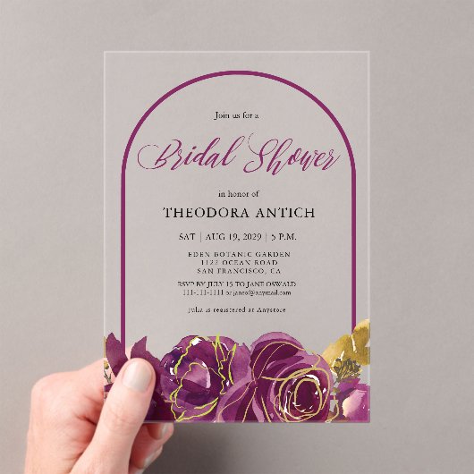 Plum Floral Arch Vrijgezellenfeest Acryl Uitnodigingen (Insitu (Draagbaar))