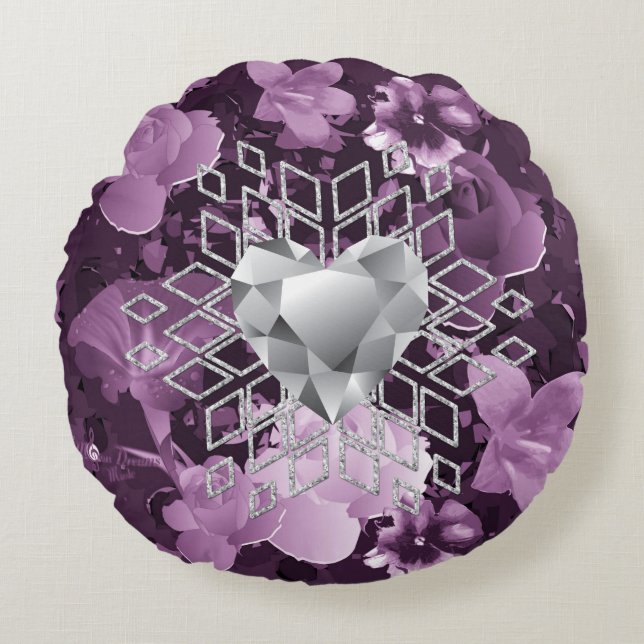 Plum Floral Diamond Heart Snowflake Rond Kussen (Voorkant)