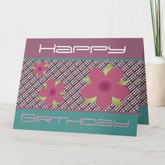 Plum Floral en Blauwgroen Happy Birthday Kaart (Voorkant)