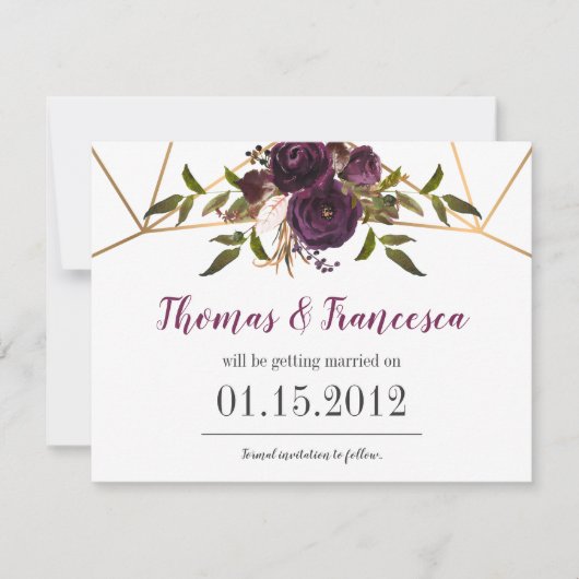 Plum Floral Faux Gold Geometric Save the Date Kaar Kaart (Voorkant)