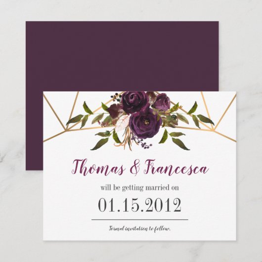 Plum Floral Faux Gold Geometric Save the Date Kaar Kaart (Voorkant / Achterkant)