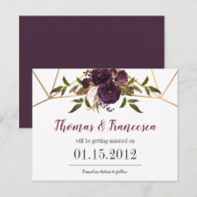 Plum Floral Faux Gold Geometric Save the Date Kaar