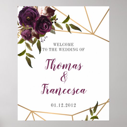 Plum Floral Faux Gold Geometric Welcome Sign 16x20 Poster (Voorkant)