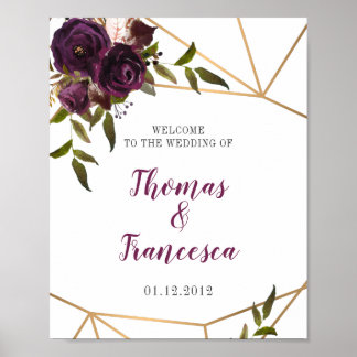 Plum Floral Faux Gold Geometric Welcome Sign 8x10 Poster