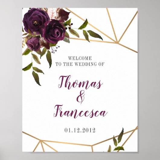 Plum Floral Faux Gold Geometric Welcome Sign 8x10 Poster (Voorkant)