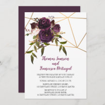 Plum Floral Faux Gold Geometrische bruiloft uitnod