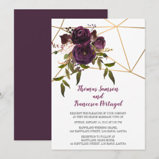 Plum Floral Faux Gold Geometrische bruiloft uitnod Kaart