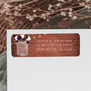 Plum Floral Lights Mason Jar Rustic Wedding Etiket
