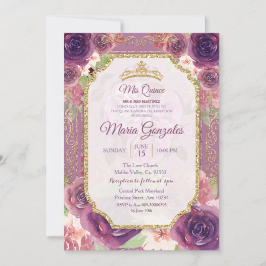 Plum Floral Rozen Mis XV Anos Uitnodiging (Voorkant)