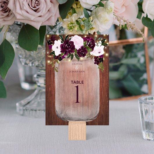 Plum Floral Rustic Wood Mason Jar Wedding Kaart